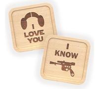 Juego de posavasos para parejas inspirado en Space Wars, regalo para él y ella, boda, 5º aniversario de madera, día de San Valentín, diseño "I Love You/I Know", juego de 2 grabados, artículo no