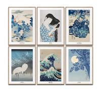 Juego de pósteres de arte japonés, decoración de pared japonesa, imágenes Koson, dormitorio, Hokusai, decoración de salón, pinturas eclécticas (6 x A4, sin marco)