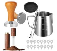Juego de prensador de café de 51 mm, 22 piezas de prensado, juego de barista con jarra de leche, estera para tamper, distribuidor de café, cuchara mezcladora, bolígrafo para arte de café, plantillas