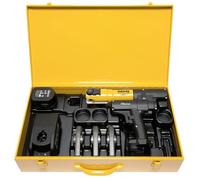 Juego de prensadora radial Mini-Press M, con Batería Li-Ion en maletín y 3 mordazas M15-18-22, de acero, 30 x 25 x 5 cm, color amarillo (Rems 578045 R220) - EAN: 4039976161534