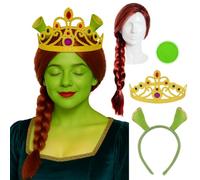 Juego de princesa ogro - Peluca de trenza roja, diadema de orejas de ogro, corona de tiara ajustable y juego de pintura facial verde - Kit de accesorios de cuento de hadas para adultos para Halloween