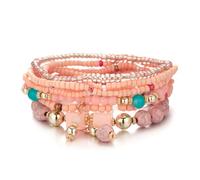 Juego de pulseras apilables multicapa con cuentas de cristal coloridas, hebra elástica, bohemia, hecha a mano, bohemio, vacaciones de verano, hawaiana, playa, joyería para mujer, Adjustable, Metal, No