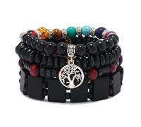 Juego de pulseras bohemias de cuentas de madera, pulseras con dijes de mano de cactus Hamsa para mujeres y hombres, 4-5 piezas étnicas, talla única, Metal, No es una piedra preciosa