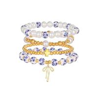 Juego de pulseras de cuentas con lazo para mujer, pulsera elástica con lazo de flores y cruz de oro de 18 quilates, joyería de regalo, Talla única, Vidrio, No es una piedra preciosa