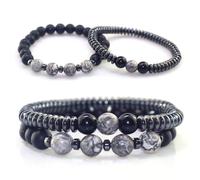 Juego de pulseras de cuentas de piedra natural para hombres y mujeres, pulsera de hematita de obsidiana negra de ojo de tigre, pulsera elástica contra el mal de ojo, joyería de cristal de triple