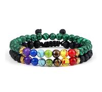 Juego de pulseras de cuerda con nudo de 7 chakras Pulseras de piedra de malaquita de ojo de tigre de lava natural hechas a mano Joyería de oración para hombres y mujeres, estilo 18