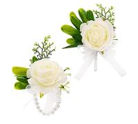 Juego de pulseras de rosas blancas y boutonniere para boda, novia, dama de honor, flor de muñeca, novio en boutonniere, boda, corsé de muñeca, baile de graduación, boda, flores accesorios