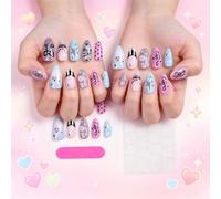 Juego de puntas de manicura pastel con cinta y diseño de notas musicales, juego de uñas postizas con acento de cristal, 12 tamaños para uso diario y looks de eventos, uñas postizas en colores pastel