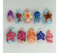 Juego de puntas postizas 3D brillantes, 24 piezas de manicura con temática de mar con pestañas adhesivas y lima para una preparación rápida de manicura en casa y uso diario