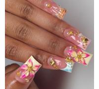 Juego de puntas postizas desnudas con detalle de de perla floral 3D, manicura cuadrada a presión, 24 piezas de varios tamaños para fiesta y uso diario