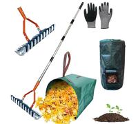 Juego de rastrillo de jardín - Rastrillo resistente de doble cara de 170 cm con bolsa de basura de 150 litros, bolsa de compost de 127 L y guantes para paja de césped, aseo de hojas y césped