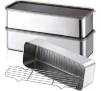 Juego de recipientes herméticos de acero inoxidable para almacenamiento de alimentos con tapas transparentes y bandeja de drenaje extraíble para control de humedad, diseño rectangular que se adapta a