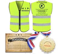 Juego de regalo de 3 piezas divertido para jubilación - Chaleco reflectante "Oficialmente en jubilación" + tarjeta de felicitación + medalla "Campeón de Relax" - Gadget jubilación hombre mujer