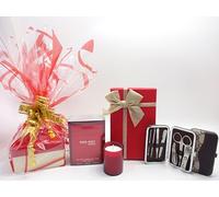 Juego de regalo de lujo para él, Red Hot Man 100 ml EDT para él, kit de herramientas de manicura de 6 piezas, cesta de regalo con velas perfumadas