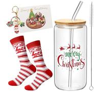 Juego de regalo de Navidad vasos de matcha, vasos de matcha de Navidad con tapa y pajita, cepillo para pajitas, calcetines de Navidad, tarjeta de felicitación, llaveros para cumpleaños, Navidad