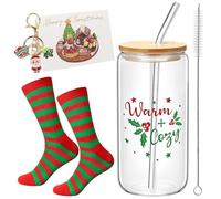 Juego de regalo de Navidad vasos Matcha, vasos de matcha de Navidad con tapa y pajita, cepillo para pajitas, calcetines de Navidad, tarjeta de felicitación, llaveros para cumpleaños, Navidad, regalos