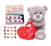 Juego de regalo de oso de peluche y bomba de baño, 41 cm, oso de peluche gris suave con corazón rojo y un juego de 8 bombas de baño de lujo con aromas surtidos, juego de regalo para el día de la