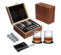 Juego De Regalo De Piedras De Whisky/Cubitos De Hielo Reutilizables Con 2 Vasos, Caja De Regalo Hecha A Mano, 8 Piedras De Granito Para Whisky Y Bolsa De Terciopelo - Regalo Para éL, Padrino, Boda