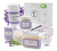 Juego de regalo de spa 100% natural, caja de regalo incluye: bomba de baño, sal de baño, jabón de manos, vela perfumada, paño facial y caja de regalo. El mejor regalo para ella. (lavanda)