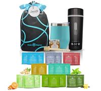 Juego de regalo de té con hervidor - Muestra de 26 piezas para mujeres y hombres, taza aislada, tés orgánicos surtidos de Hrny & Sons, miel pura y accesorios (verde azulado + hervidor - Hrny)