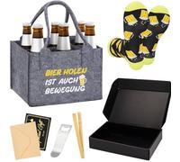 Juego de regalo divertido de cerveza para hombre, 5 piezas: bolsa de cerveza de fieltro con 6 compartimentos, calcetines de cerveza, abrebotellas, pinzas para barbacoa, tarjeta de felicitación, regalo