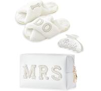 Juego de regalo para novia, bolsa de maquillaje con texto en inglés "I Do Bride Tho, pantuflas de novia, bata de novia, clip para el pelo, regalos de boda, White, Regalos para novia