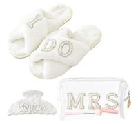 Juego de regalo para novia, regalo de despedida de soltera, pantuflas I Do Bride, bata de novia, garra para el pelo, bolsa de maquillaje para novia, bolsa de cosméticos MRS, Zapatillas, bolsa