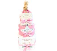 Juego de regalo para recién nacido, diseño de conejito flopsy - rosa de 3 niveles para pañales, cesta de regalo para bebé niña, regalo para baby shower y regalo para nuevos padres