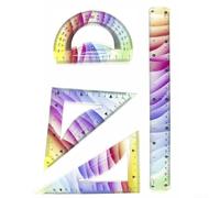 Juego de reglas flexibles de 4 piezas con regla de borde recto, dos reglas triangulares y transportador para la escuela, la oficina y tareas de geometría creativa (30 cm)