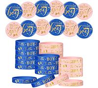 Juego de revelación de sexo de 48 piezas, 24 alfileres botones, 24 pulseras de silicona de oro rosa, equipo para baby shower (Huella, azul marino, rosa)