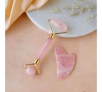Juego de rodillo de cuarzo rosa y gua sha | Reduce arrugas, líneas finas y ojeras | Rodillo de jade rosa | Masajeador antienvejecimiento para tonificar y apretar la piel para cara, ojos y cuello