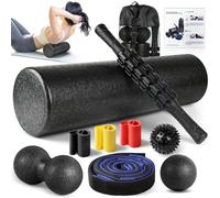 Juego de rodillos de espuma - Rodillo de espalda de alta densidad, rodillo muscular, 3 bandas de resistencia, bola de fascitis de 2 pies, correa de estiramiento, bola de masaje para terapia física y