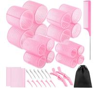 Juego de rodillos de pelo autoadherentes de 4 tamaños, 16 rodillos de pelo rosa para mujer con 17 pinzas para el pelo, almohadilla para el cabello, peine de cola de rata, rulos para cabello largo,