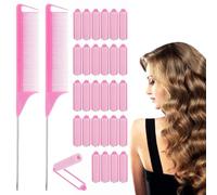 Juego de rodillos para el pelo con peines de cola de rata, 28 rodillos de espuma y 2 peines de peinado, rosa, 8,8 cm de longitud