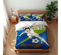 Juego De Ropa Cama Algodón Lavado con Certificación Oeko-Tex De Captain Tsubasa Apto para Personas Alérgicas Incluye 1 Funda Nórdica Y 2 Fundas De Almohada (CT 04,150x200cm-Cama 90)