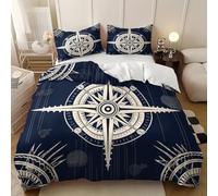 Juego De Ropa De Cama 135 cm Tema NáUtico Diagrama de BrúJula Funda De Edredón Microfibra Suave Azul Oscuro Cremallera Funda Nórdica Y Funda De Almohada, para Familias Y Adulto 220x220 cm