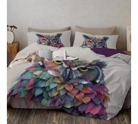 Juego De Ropa De Cama 3 Piezas Suave Transpirable Microfibra Plumas De Colores Búho Campo Juego Fundas Edredón Incluye Animal De Acuarela 1 Funda Nórdica Y 2 Fundas de Almohada