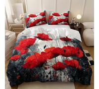 Juego De Ropa De Cama 90 cm Arte Pintura Al óLeo Flores Rojas Funda De Edredón Microfibra Suave Gris Cremallera Funda Nórdica Y Funda De Almohada, para Familias Y Adulto 150x220 cm