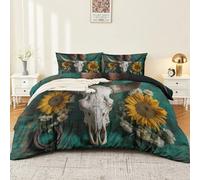 Juego de Ropa de Cama 90,Funda Nórdica 180x220cmAnimales Huesos De Vaca Flores Girasoles Microfibra Funda Edredon,3 Piezas Compuesto con Estampado por 2 Fundas de Almohada, Verde