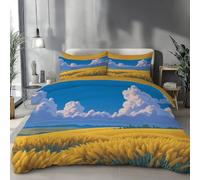Juego De Ropa De Cama Amarillo Dorado Campo De Trigo con Cielo Azul Ilustraciones Naturales con Funda Nórdica De Microfibra Y Funda De Almohada para Cama Matrimonio con Cremallera,220X260Cm