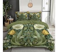 Juego De Ropa De Cama Amarillo Verdoso Flores De Tulipán,220X260Cm Efecto 3D Impresión Diseño,Dormitorio Microfibra De Planta De William Morris,con Estampado,Funda Nórdica con Cremallera