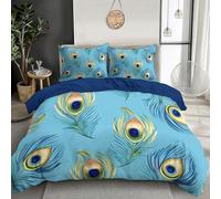 Juego De Ropa De Cama Azul Pluma De Pavo Real,220X240Cm Efecto 3D Impresión Diseño,Dormitorio Microfibra De Acuarela Vintage,con Estampado,Funda Nórdica con Cremallera