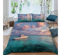 Juego De Ropa De Cama Barco de Pesca de Aguas Profundas del Caribe, Hermoso Cielo Funda Nórdica Y Fundas De Almohada Impresión 3D, para Niños Y Adultos Y Adolescentes King（220x240cm）