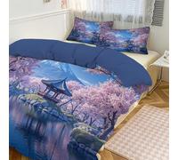 Juego de Ropa de Cama Cerezos En Flor En Plena Floración 2 Piezas Poliéster Paisaje del Monte Fuji Juego de Fundas de Edredón Reversible Incluye 1 Funda Nórdica y 1 Funda de Almohada, 135x200cm, Azul