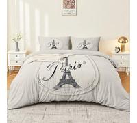 Juego de ropa de cama clásica francesa de 200 x 200 cm, 3 piezas, pegatinas románticas con letras de la Torre Eiffel, reversible, color crema y blanco, funda nórdica de microfibra suave con cremallera
