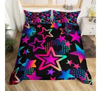 Juego de ropa de cama colorido de estrellas de neón, funda de edredón con diseño de estrellas de dibujos animados hippie para niños, adolescentes y adultos, decoración de corazones arcoíris degradado