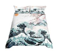 Juego de ropa de cama con diseño de flor de cerezo King Fuji Mountain, funda de edredón japonesa de olas de mar, color rojo, sol, blanco, pájaro grulla para niños y niños, decoración étnica kawaii