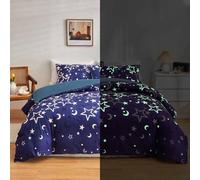 Juego de ropa de cama con diseño de galaxia que brilla en la oscuridad, para niñas y niños, universo azul, noche estrellada, súper suave, brillante, 220 x 260 cm, espacio exterior, estrellas, luna,