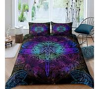 Juego de ropa de cama con diseño de libélula bohemia, tamaño doble, diseño de mandala, estampado de libélula morada, teñido anudado, gitano, iridiscente, chic, hippie, decoración de 3 piezas