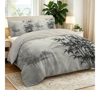 Juego de ropa de cama con diseño de planta tradicional china, hoja de bambú, suave y transpirable, color gris, funda nórdica reversible, pintura de tinta oriental, decoración de dormitorio, funda